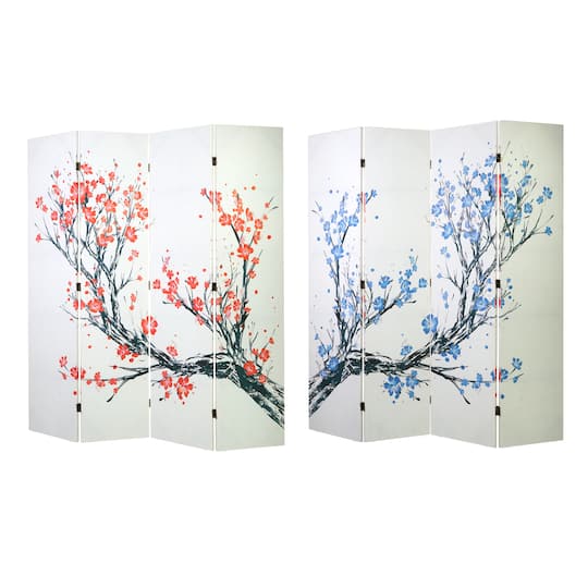 American Art Decor&#x2122; 6ft. Double-Sided 4-Panel Red &#x26; Blue Cherry Blossom Tree Canvas Room Divider